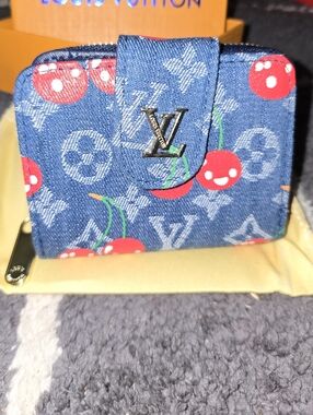 Cherry Monogram Denim Compact Wallet in Blue